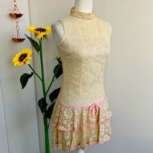 Vintage 60s Cream Lace Mini Dress with Delicate Pink Bow Trim and Ruffle Skirt